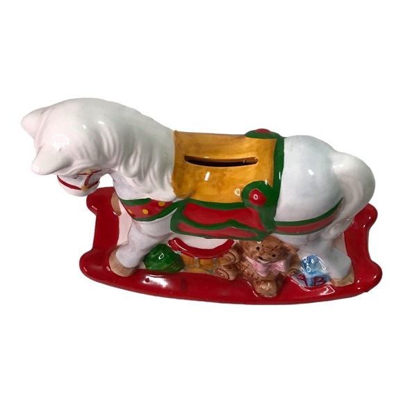 Vtg Holiday Ceramic Rocking Horse Piggy Bank Taiwan Cottagecore Christmas - Picture 8 of 8